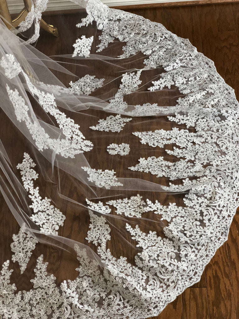 The Moira – Antique Lace Trimmed Cathedral Bridal Veil – Broke